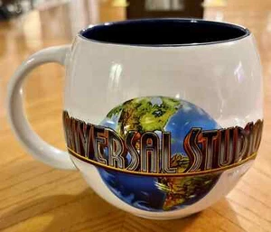 2012 Universal Studios Barrel Shape Cup Mug 3D Globe Logo White Blue Ceramic - Picture 1 of 4