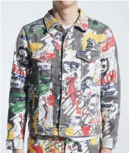 Embellish NY Midnight Denim Trucker Jean Jacket Mens Size XL Graphic Pop Art - Picture 1 of 14
