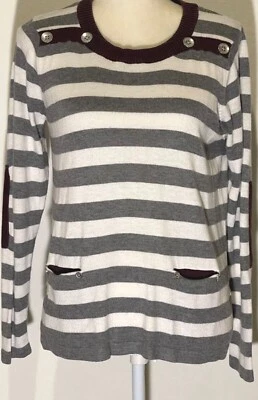 Top DEMOCRACY Gris Rayas Púrpura Borde Parche Codo Manga Larga Mujer Talla S Foto 1 de 4