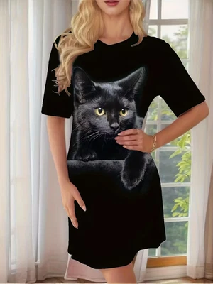 Black Cat Print Women's Sleep Tee - Изображение 1 из 3