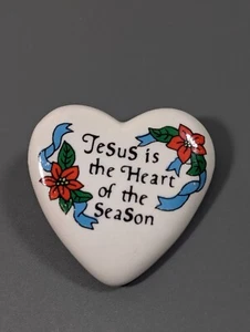 VTG Jesus Is The Heart Of The Season Porcelain Heart Poinsettia Christmas Pin - Picture 1 of 8