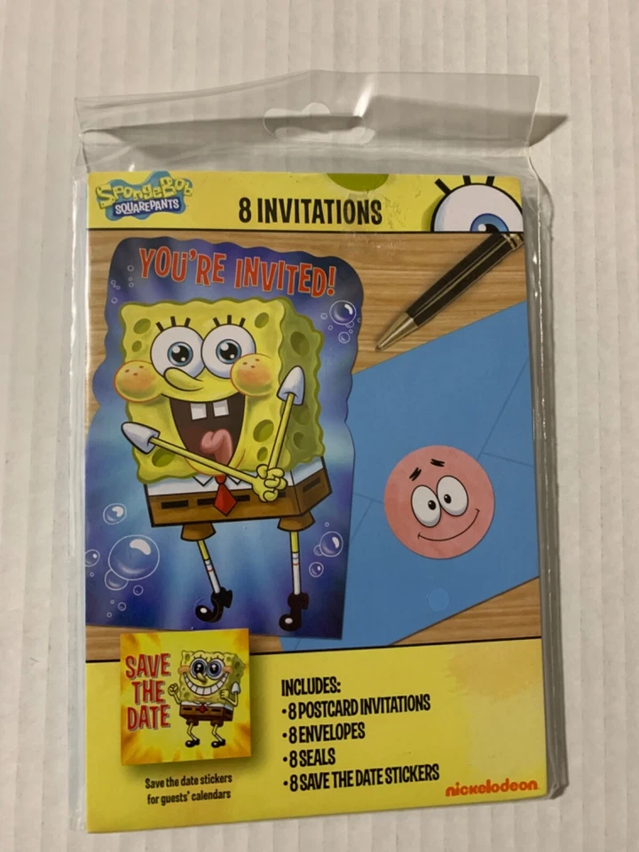 8 ct SpongeBob SquarePants Birthday Party Invitation Cards w/Envelopes sealed - Image 1 of 2