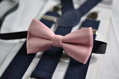 Dusky Dusty Rose Blush Pink Cotton Bow tie + Navy Blue Elastic Suspenders Braces - Image 1 of 4
