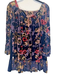 EUC ~ SUZANNE BETRO ~ Peplum Velvet Velour Blue & Floral Boho Top ~ Size SMALL - Picture 1 of 10