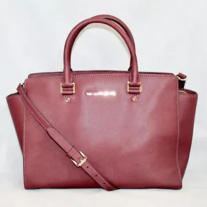 MICHAEL KORS Selma Convertible Satchel Burgudy Red Saffiano Lthr Gold Hdwr $380 - Picture 1 of 8