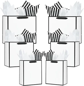 Offizon 12 Pcs White Gift Bags, Gift Bags with Tissue Paper (4 Small 6", 4 Mediu - Picture 1 of 12