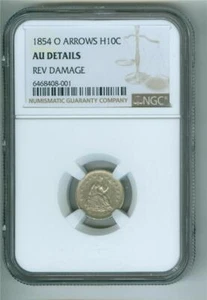 U.S. 1854-O ARROWS SEATED LIBERTY HALF DIME NGC AU DETAILS REV DAMAGE - Picture 1 of 2