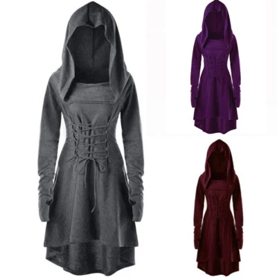 Women Dress Hooded Pullover Vintage Gothic Style Shirt Lace Up Cross Bandage - Image 1 of 4