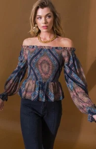 Boho Smocked Bell Sleeve Top Flying Tomato Multi Color Woven floral Sz M NEW - Picture 1 of 8