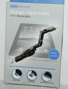 Tech Universe Charge + Sync Cable Black 3 Ft Retractable NEW - Picture 1 of 4