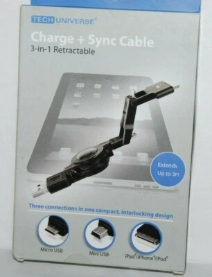 Tech Universe Charge + Sync Cable Black 3 Ft Retractable NEW - Image 1 of 4