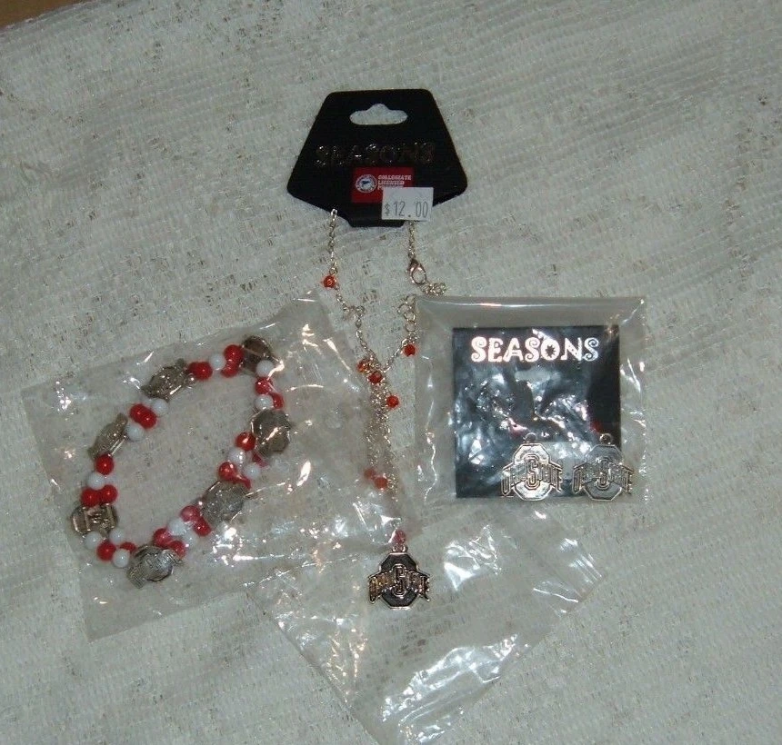 OHIO STATE UNIVERSITY 3 PIECE JEWELRY SET BRACELET NECKLACE EARRINGS. BUCKEYES - Image 1 of 1