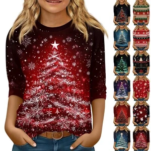 Children's 3/4 Sleeve Tops Casual Print T Shirt Round Neck Pullover Blouse - Picture 1 of 48