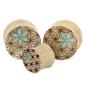PAIR-Wood Croc w/Turquoise Inlay Saddle Flare Ear Plugs 22mm/7/8" Gauge - Picture 1 of 3