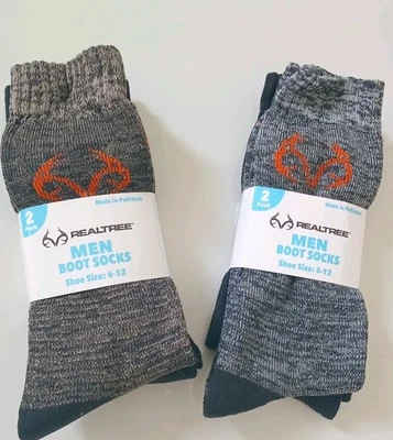New 2x 2 Pack Men’s Black & Gray Realtree Heavyweight Boot Socks Shoe Size 6-12 - Image 1 of 3