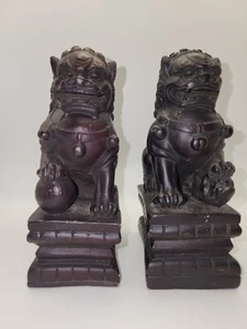 Pair Of Asian FOO DOGS 6.5" Statues Japan Heavy Solid Black Red ANDREA BY SADEK - Picture 1 of 15