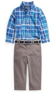 NEU Neu mit Etikett Ralph Lauren Polo Baby Jungen Popeline Hemd, Gürtel & Twill Hose 18M $ 65 - Bild 1 von 1