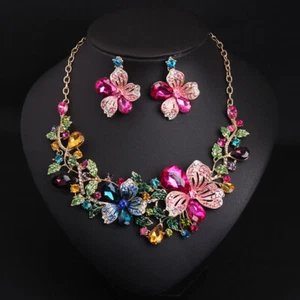 Rhinestone Colorful Flower Necklace Earring Jewelry Set Women Luxury Party Gifts - Picture 1 of 8
