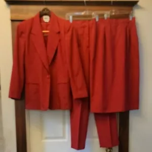 Vintage Leslie Fay Red 3 Piece Blazer, Pants & Skirt Set 10/12 - Picture 1 of 14