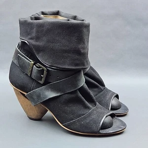 Fly London Ankle Cuff Boots Womens Size 6.5 Canvas Buckle Peep Toe Cone Heels - Picture 1 of 9