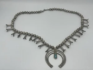 Collar grande antiguo peón naja navajo plata esterlina 925 flor de calabaza turquesa - Imagen 1 de 7
