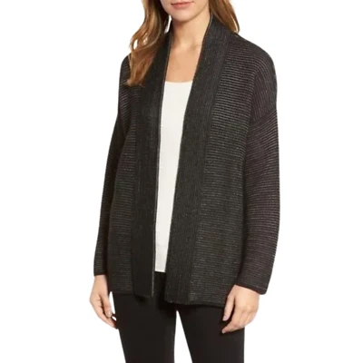 Cárdigan otomano acanalado tejido blanco negro EILEEN FISHER seda lino para mujer grande Foto 1 de 4