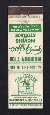 1949 Baltimore Colts J. Norman Moving AAFC Football Matchbook Cover Schedule - Image 1 of 2