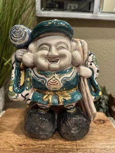 Vintange Japanese Daikokuten Ceramic Statue Handpainted, Signed Studio Pottery - Picture 1 of 10