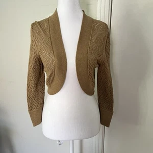 VTG Express Y2K Tan Boho Crochet Open Knit Cotton  Bolero Cardigan Festival S - Picture 1 of 7