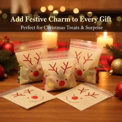 100 Christmas Cellophane Treat Bags Sweet Biscuit Cookie Cello Party Favour Gift