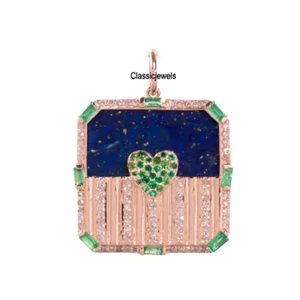 Diseñador Lapislázuli Esmeralda Cojín Dije Plata de Ley 925 Diamante Colgante - Imagen 1 de 3