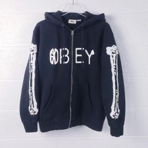 Obey World Zip Hoodie Sweatshirt Black Size Medium Full Zip Skeleton Graphics - Picture 1 of 12
