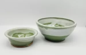 Set of 2 Handmade Pottery Ceramic Bowls, Beautiful Cream And Green Glaze Finish - Picture 1 of 13