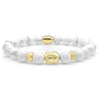 Howlith Armband Bracelet Perlenarmband Buddha 24k vergoldet weiß 8mm Edelstahl - Bild 1 von 2