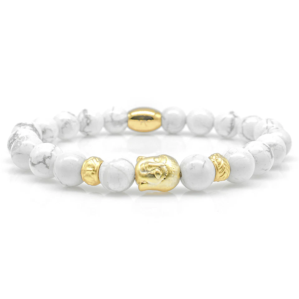 Howlith Armband Bracelet Perlenarmband Buddha 24k vergoldet weiß 8mm Edelstahl - Bild 1 von 2