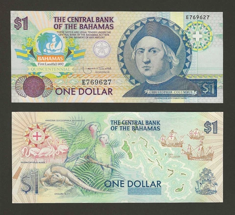 BAHAMAS $1 Dollar 1992, P-50 1492-1992 500th Anniversary Commemorative, UNC Cover