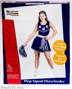 Cheerleader Costume Ladies 4Pc Blue & Wht Skirt Top 2 PomPoms Lettering Kit Md - Picture 1 of 1