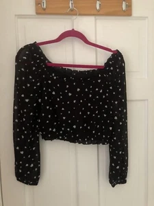Black With White Hearts Long Sleeved Crop Top Age 14 - Picture 1 of 4