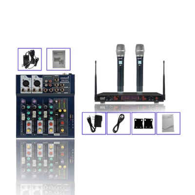4-Channel Mono Stereo Mixer Mini USB Sound DJ Mixing Console 2CH UHF Microphone  - Image 1 of 4