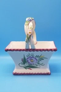Pottery Signed Reel Made Portugal Braided Floral Basket Weave Handpainted - Picture 1 of 11