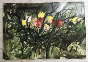 GALEN DUKE DALE SENOGLES WATERCOLOR PAINTING ON PAPER - BUNCH OF TULIPS FLOWERS - Picture 1 of 4