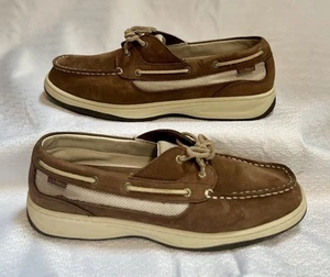 LL Bean Suede Leather Mesh Lace Up Boat Shoes Womens 11 Brown Cream Preppy Yacht - Picture 1 of 7