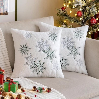 2 Pack 18X18 Christmas Faux Fur Throw Pillow Covers Snowflake Burgundy - Image 1 of 4