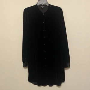 Eileen Fisher Velvet Duster Womens M Button Up Long Sleeve Coat Black Silk Rayon - Picture 1 of 12
