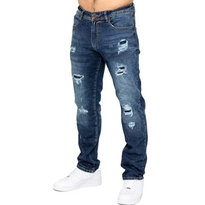 Enzo Mens Ripped Jeans Straight Leg Stretch Denim Distressed Trouser Pants - Image 1 of 4
