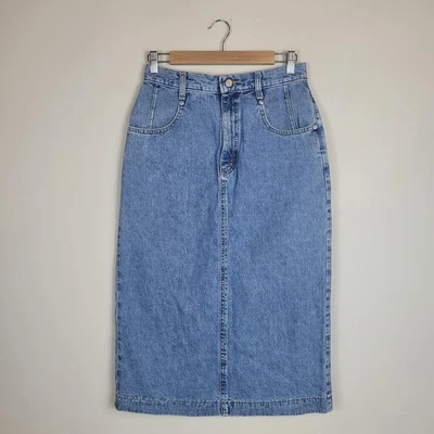 复古 Lee 牛仔裙 28 蓝色高腰铅笔 80 年代 90 年代经典牛仔裤铅笔 Midi — 第 1/4 张图片