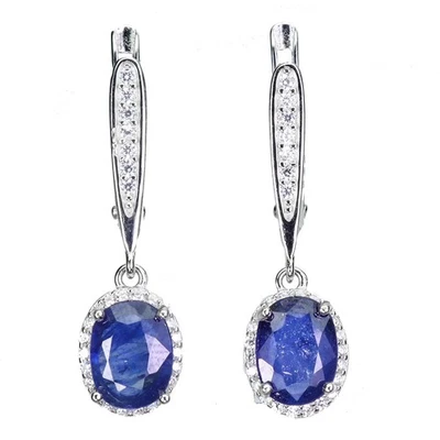 Pendientes de plata de ley 925 ovalados zafiro azul 8x6 mm joyas de piedras preciosas naturales Foto 1 de 4