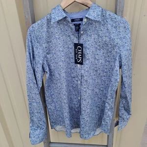 NEW Chaps No Iron Cotton Long Sleeve Shirt Top Women's Medium Blue Floral Flower - Picture 1 of 6