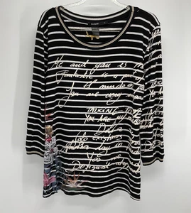 Desigual Black White Stripe Graphic Knit 3/4 Sleeve Top XL Boho Chic Artsy Tunic - Picture 1 of 9