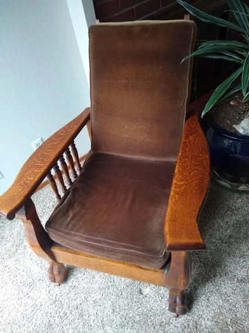 Antique Oak Morris chair recliner with claw feet - Refinished and recovered Cover